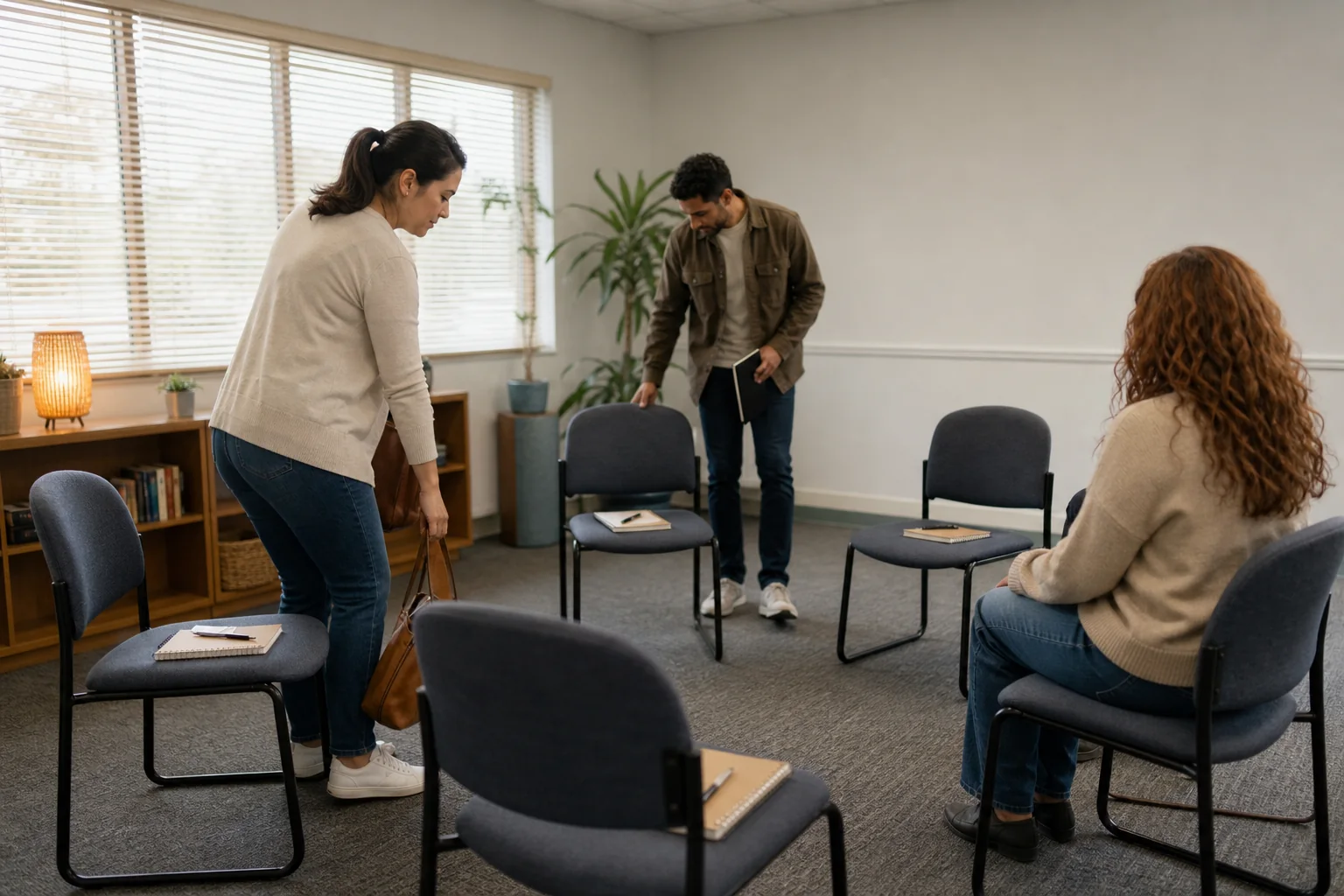 Adults taking seats in a circle in a group counseling room
