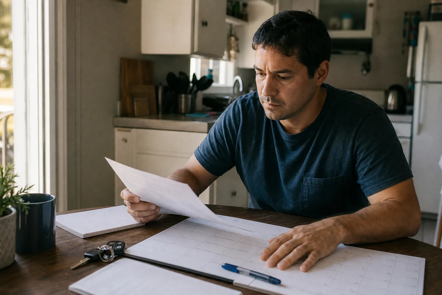 Man reviewing paperwork and a calendar at his kitchen table