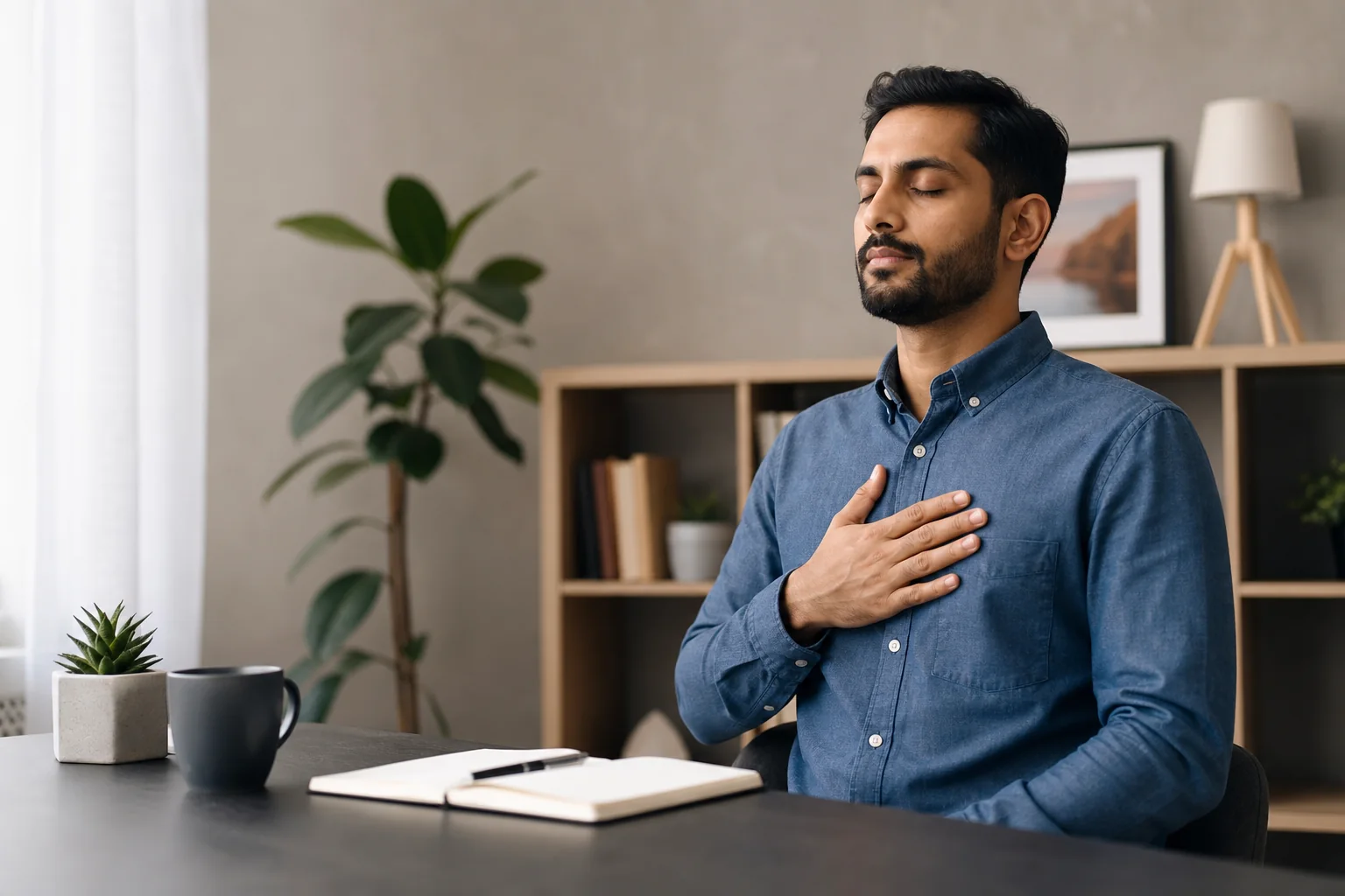 Adult practicing a calm reflection exercise in a counseling office