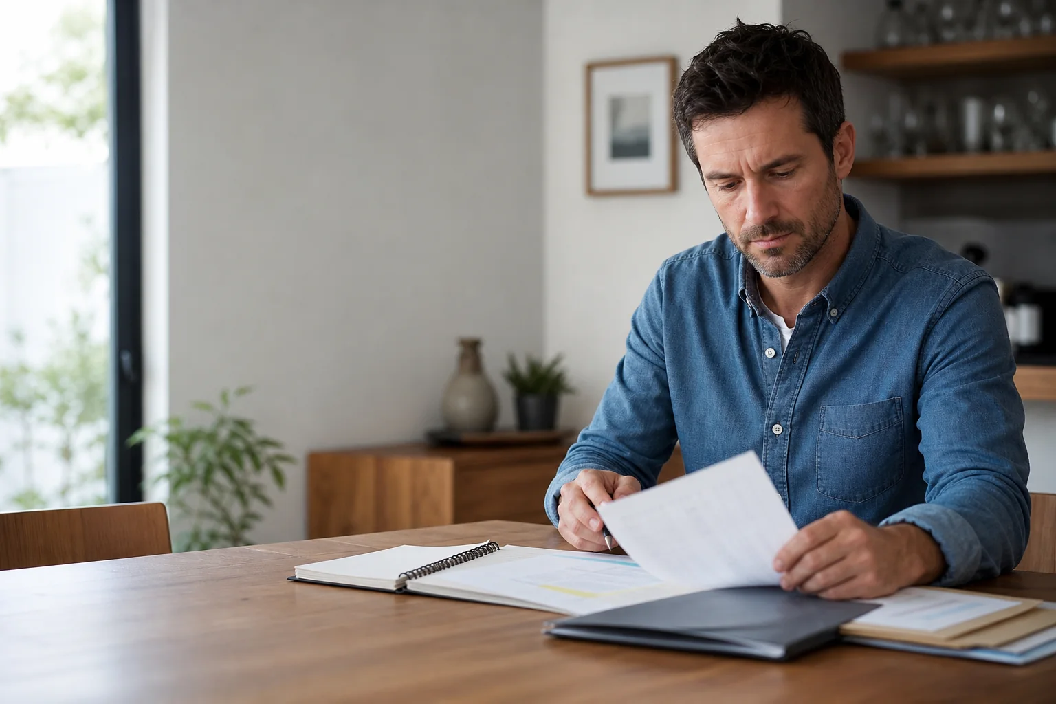 Parent organizing a shared calendar and class paperwork at home