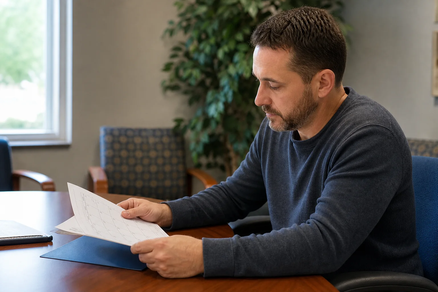 Adult reviewing a class appointment calendar in a community services office