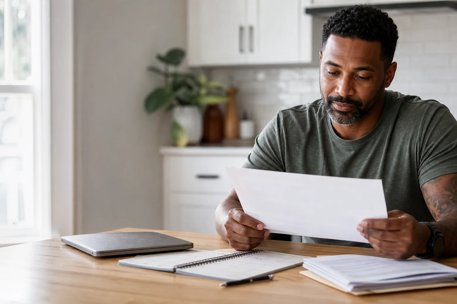 Parent reviewing a class schedule and court paperwork at a kitchen table